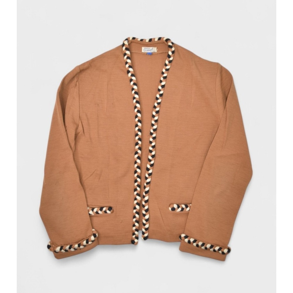 Vintage 80s Malhas Girassol Brown Wool Cardigan Rope Trim Italian Open Sweater S